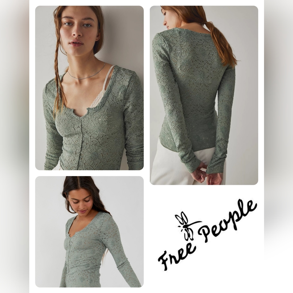 FREE PEOPLE Lace Semi-Sheer Long Sleeve Top Notch Neck Sea Grass SAGE LARGE NWT